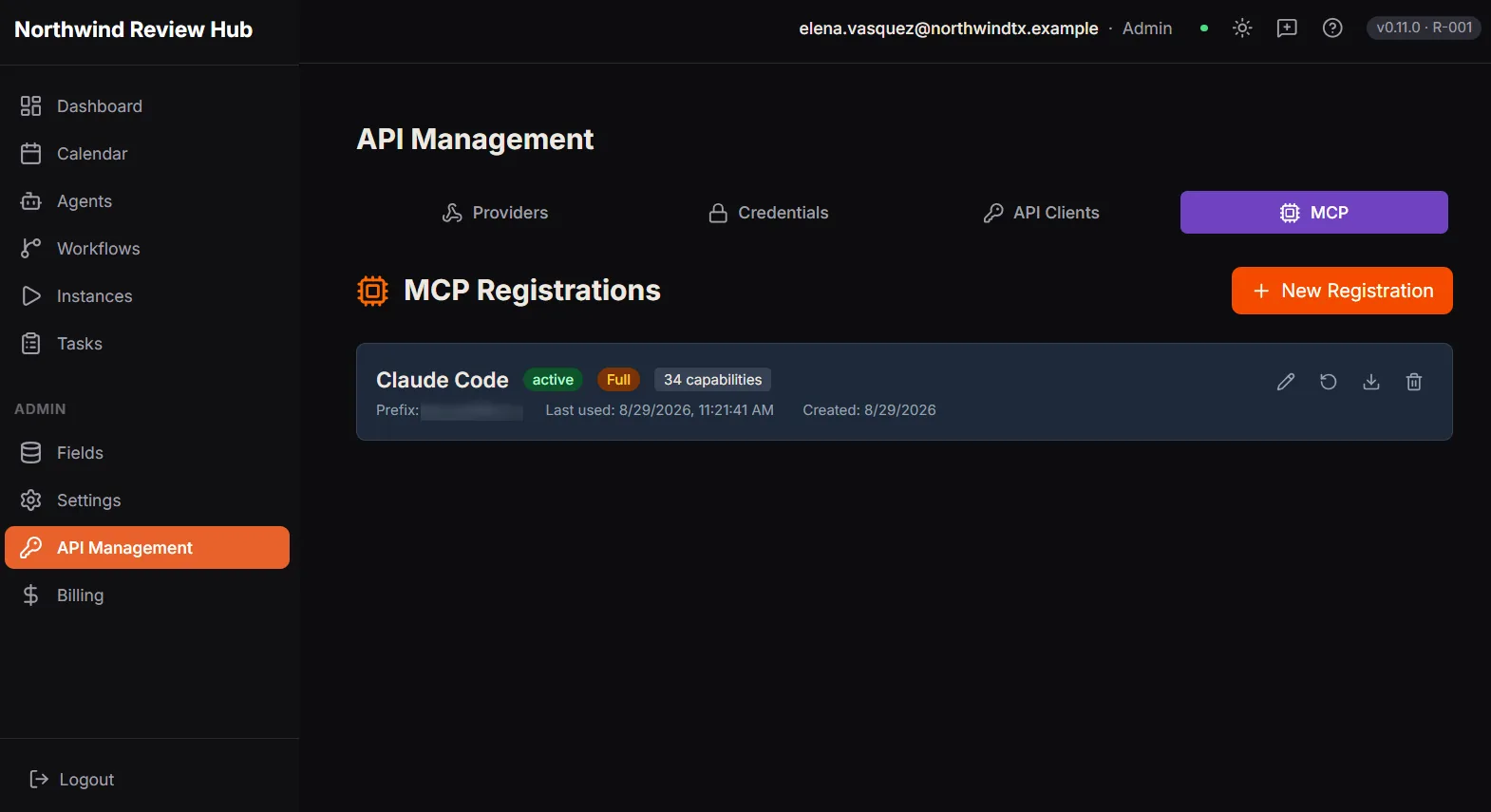 The API Management screen in Dave, reached from the Admin section of the sidebar. A row of four tabs reads Providers, Credentials, API Clients and MCP, with MCP currently open and showing one registration. Providers is the first of the four tabs.