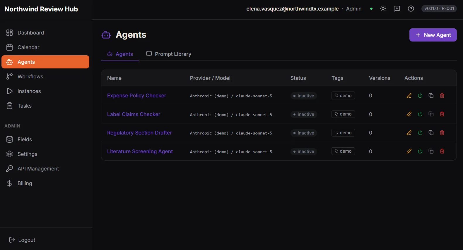 The Agents screen listing four AI agents: Expense Policy Checker, Label Claims Checker, Regulatory Section Drafter and Literature Screening Agent. Each row shows the provider and model that agent is pinned to, its status, its tags and how many versions it has. A second tab offers a Prompt Library.