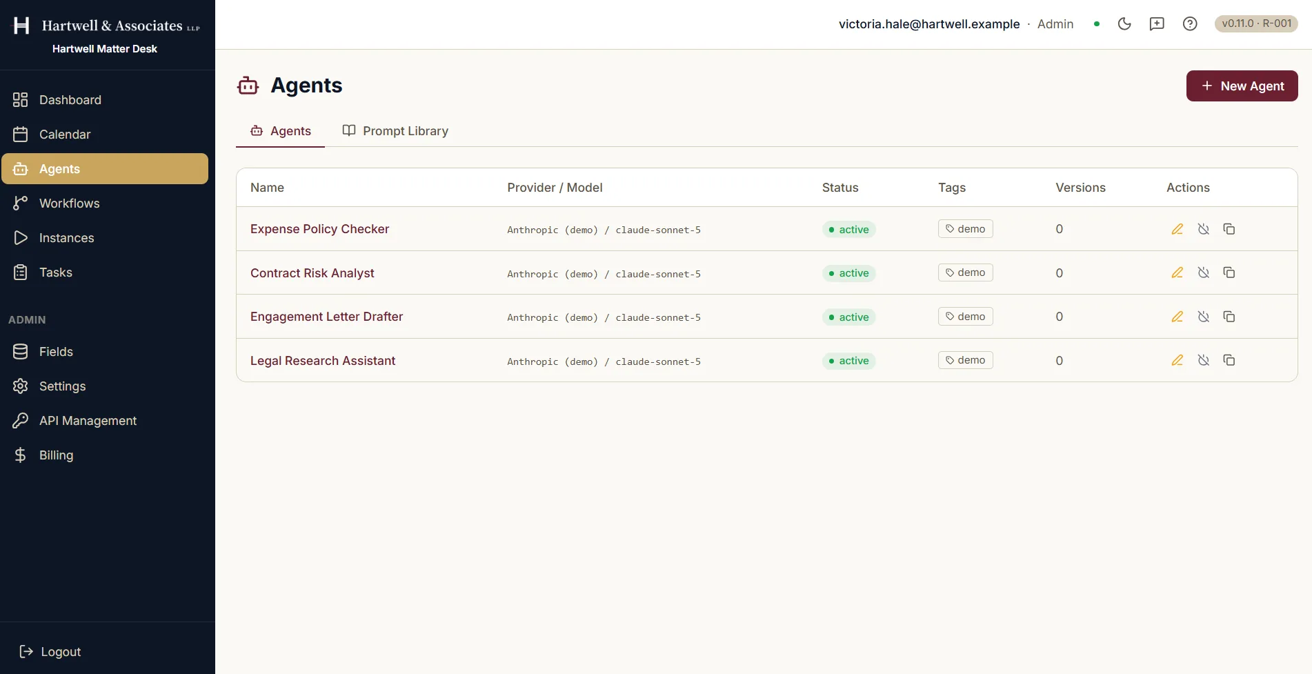 The Agents screen in Dave listing four agents: Expense Policy Checker, Contract Risk Analyst, Engagement Letter Drafter and Legal Research Assistant. Columns show each agent's name, the provider and model it runs on, an active status badge, a demo tag and a version count. A New Agent button sits in the top right, and a Prompt Library tab sits beside the Agents tab.