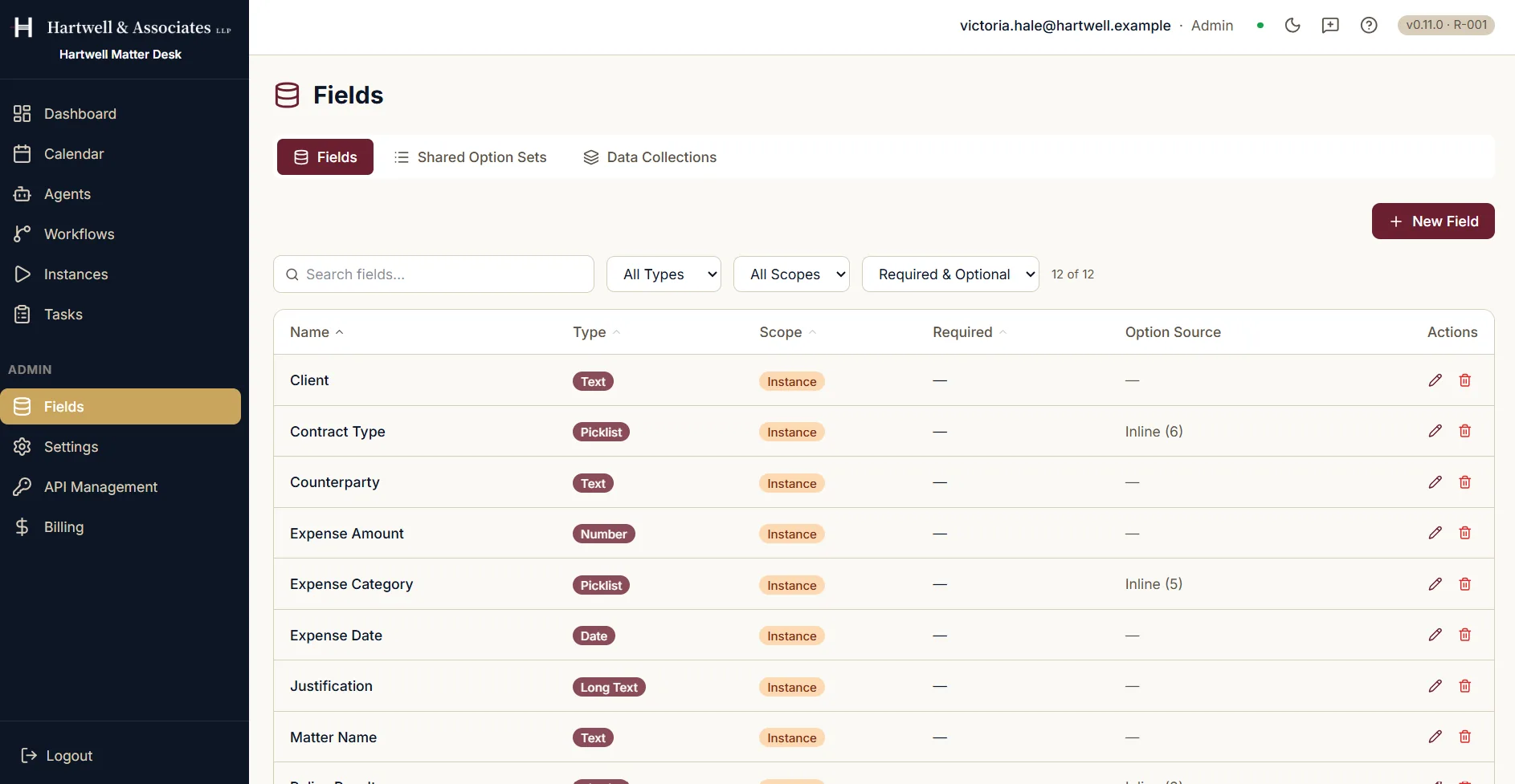 The admin Fields screen, reading twelve of twelve, listing custom fields including Client, Contract Type, Counterparty, Expense Amount, Expense Category, Expense Date, Justification and Matter Name. Each row shows the field's type, whether that is text, picklist, number, date or long text, its scope, whether it is required, and where its options come from. Tabs above offer Fields, Shared Option Sets and Data Collections, beside filters for type and scope and a New Field button.