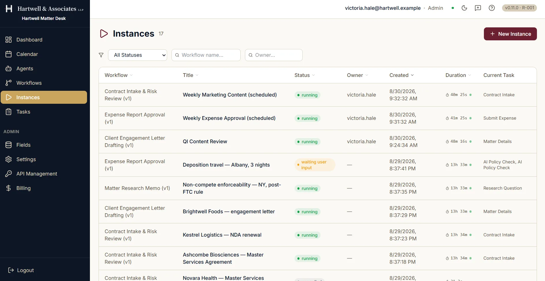 The Instances screen in Dave, reading seventeen runs. A New Instance button sits in the top right, with filters for status, workflow name and owner below it. The table columns read Workflow, Title, Status, Owner, Created, Duration and Current Task, and the first rows show scheduled runs of Contract Intake and Risk Review and Expense Report Approval, each marked running and each naming the step it is currently on.