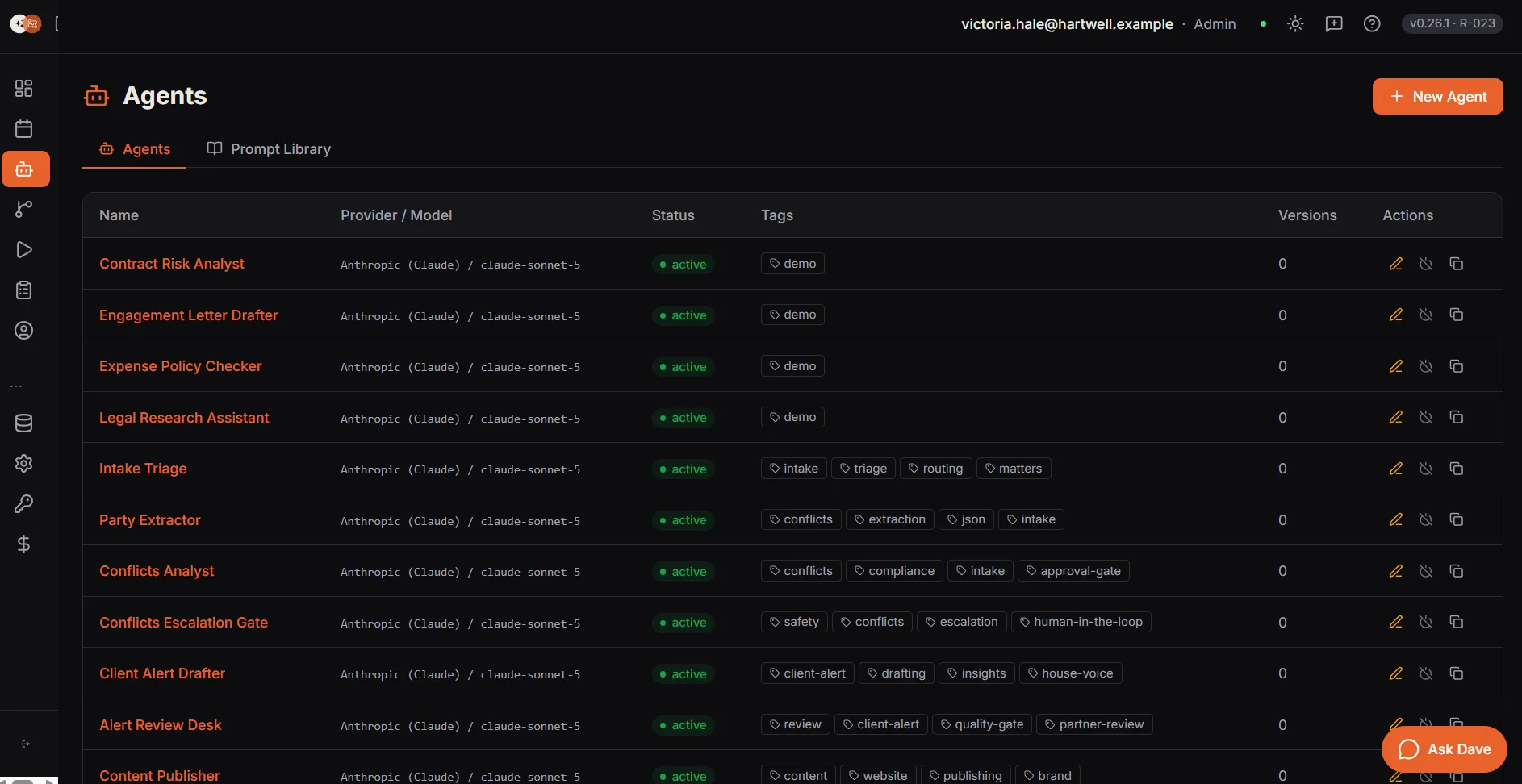 The Agents screen listing the AI agents in a workspace, with an Agents tab and a Prompt Library tab above it. Each row names the agent, the provider and model it is pinned to, all of them on an Anthropic provider running claude-sonnet-5, a status of active, and its tags. The agents listed include Contract Risk Analyst, Engagement Letter Drafter, Expense Policy Checker, Legal Research Assistant, Intake Triage, Party Extractor, Conflicts Analyst, Conflicts Escalation Gate, Client Alert Drafter, Alert Review Desk and Content Publisher, tagged with labels such as intake, routing, compliance, human-in-the-loop and publishing. A New Agent button sits above the table.